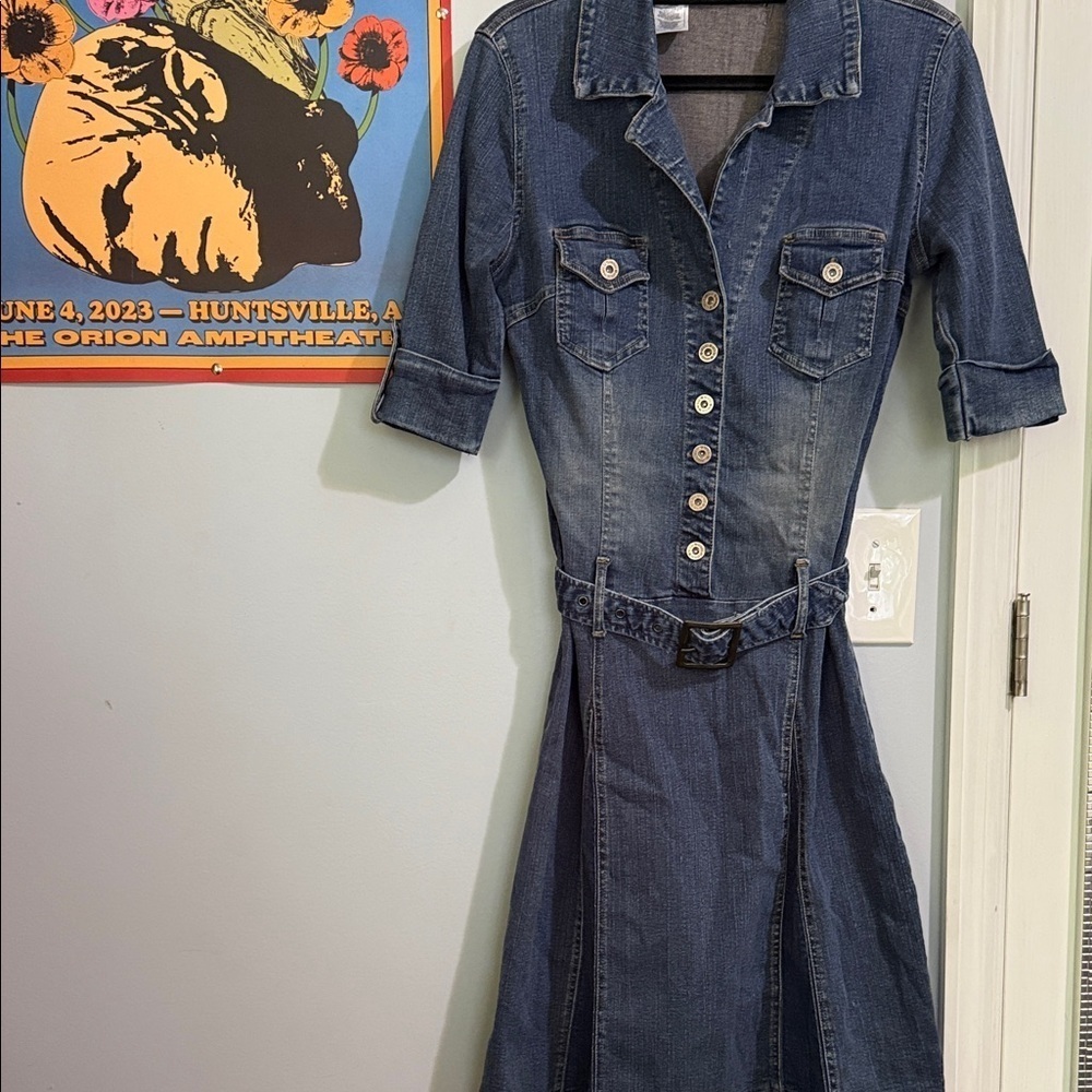 Hot Kiss Y2K Denim Shirt Dress Belted Button Front Blue Medium - Picture 15 of 16
